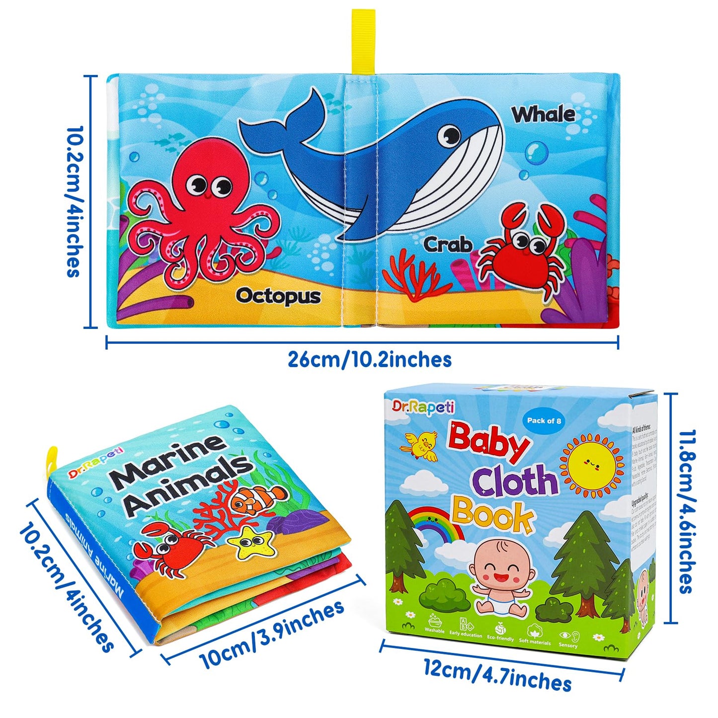 Dr.Rapeti Paquete de 8 libros de tela suave, libros de baño para bebés, lavables, masticables