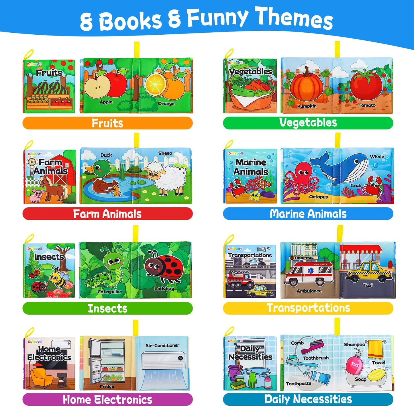 Dr.Rapeti Paquete de 8 libros de tela suave, libros de baño para bebés, lavables, masticables