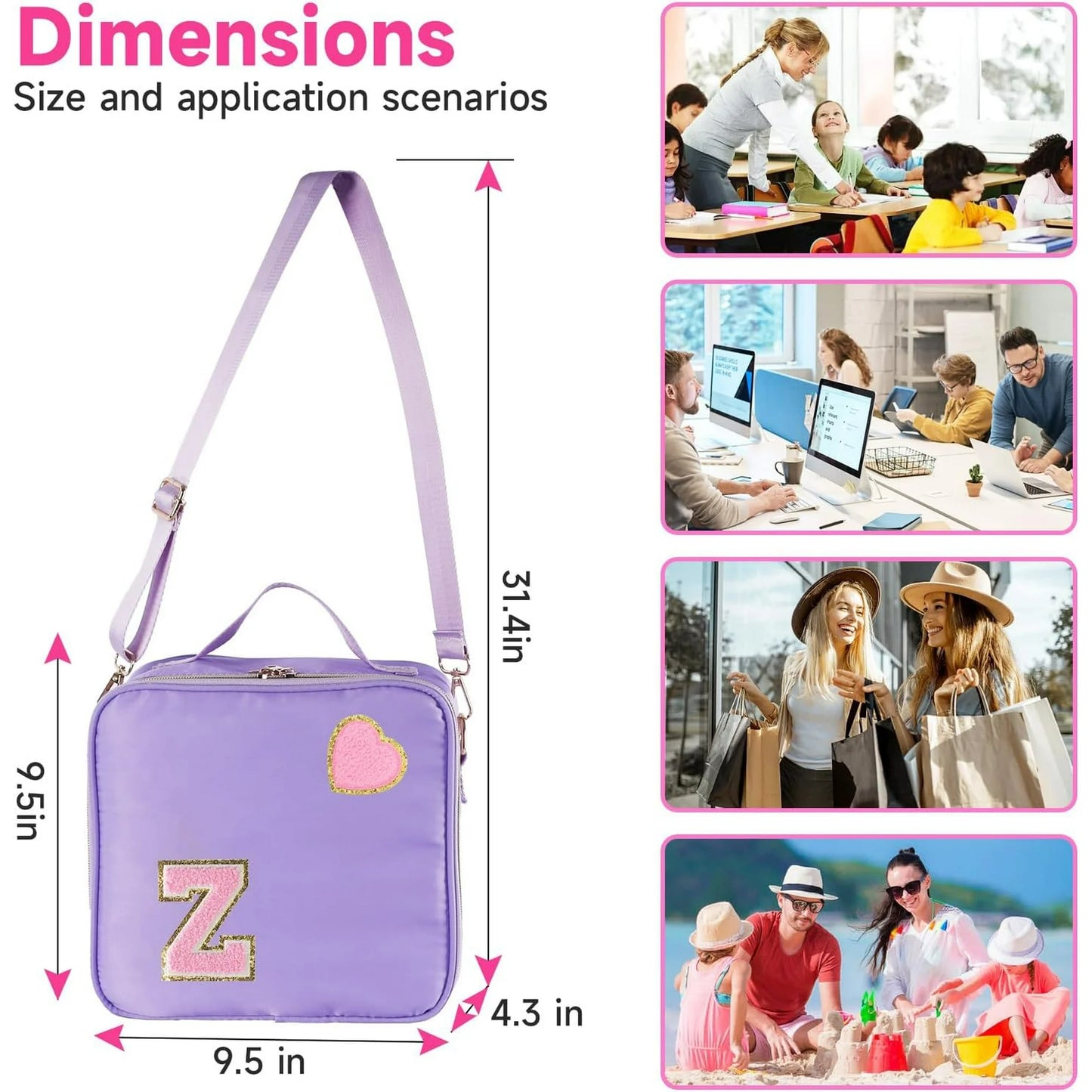 Bolsa grande para el almuerzo de estilo preppy morado con correa ajustable (Letra Z)