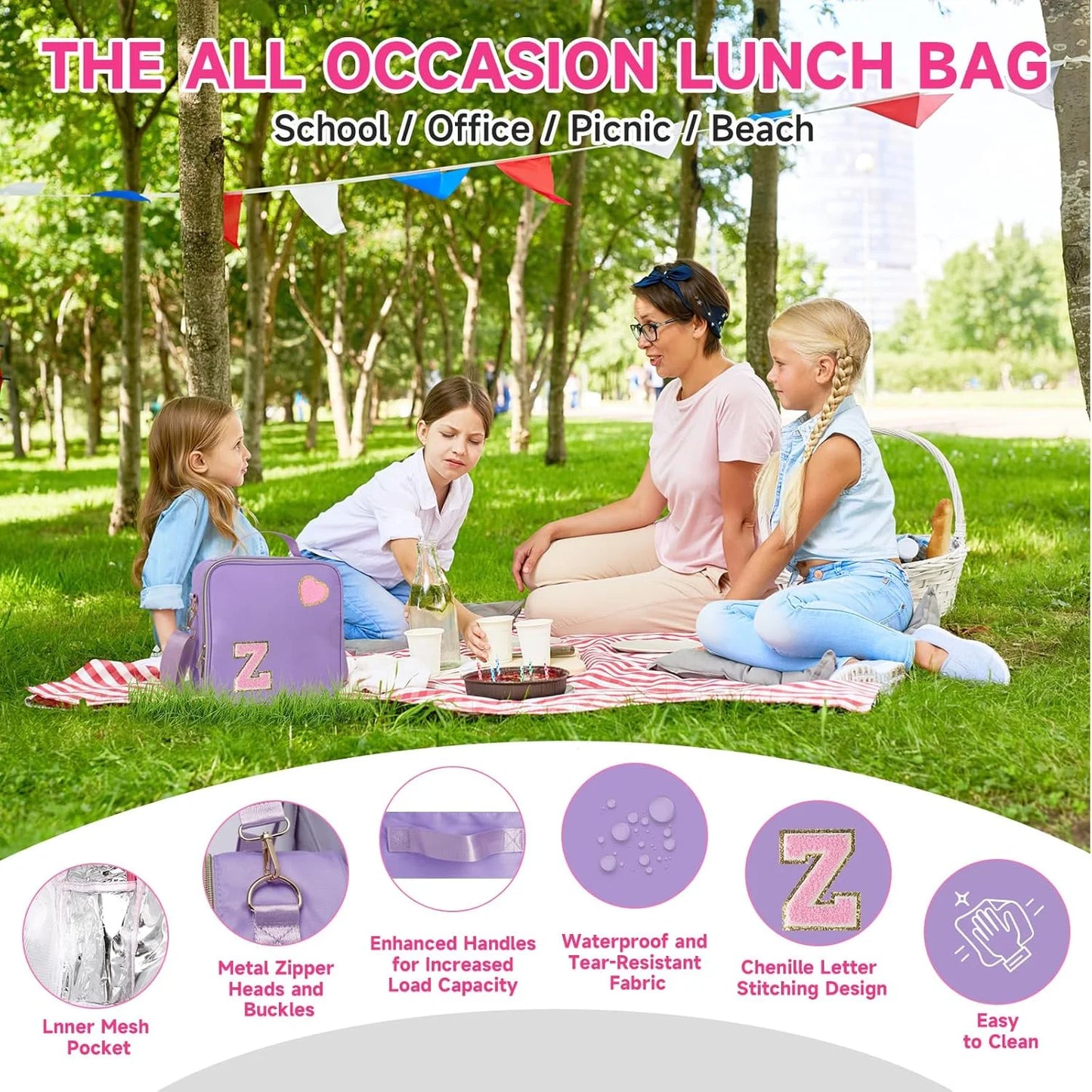 Bolsa grande para el almuerzo de estilo preppy morado con correa ajustable (Letra Z)