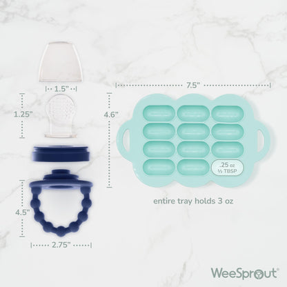 WeeSprout Juego de alimentador de alimentos para bebés, 2 alimentadores de silicona y bandeja reutilizable