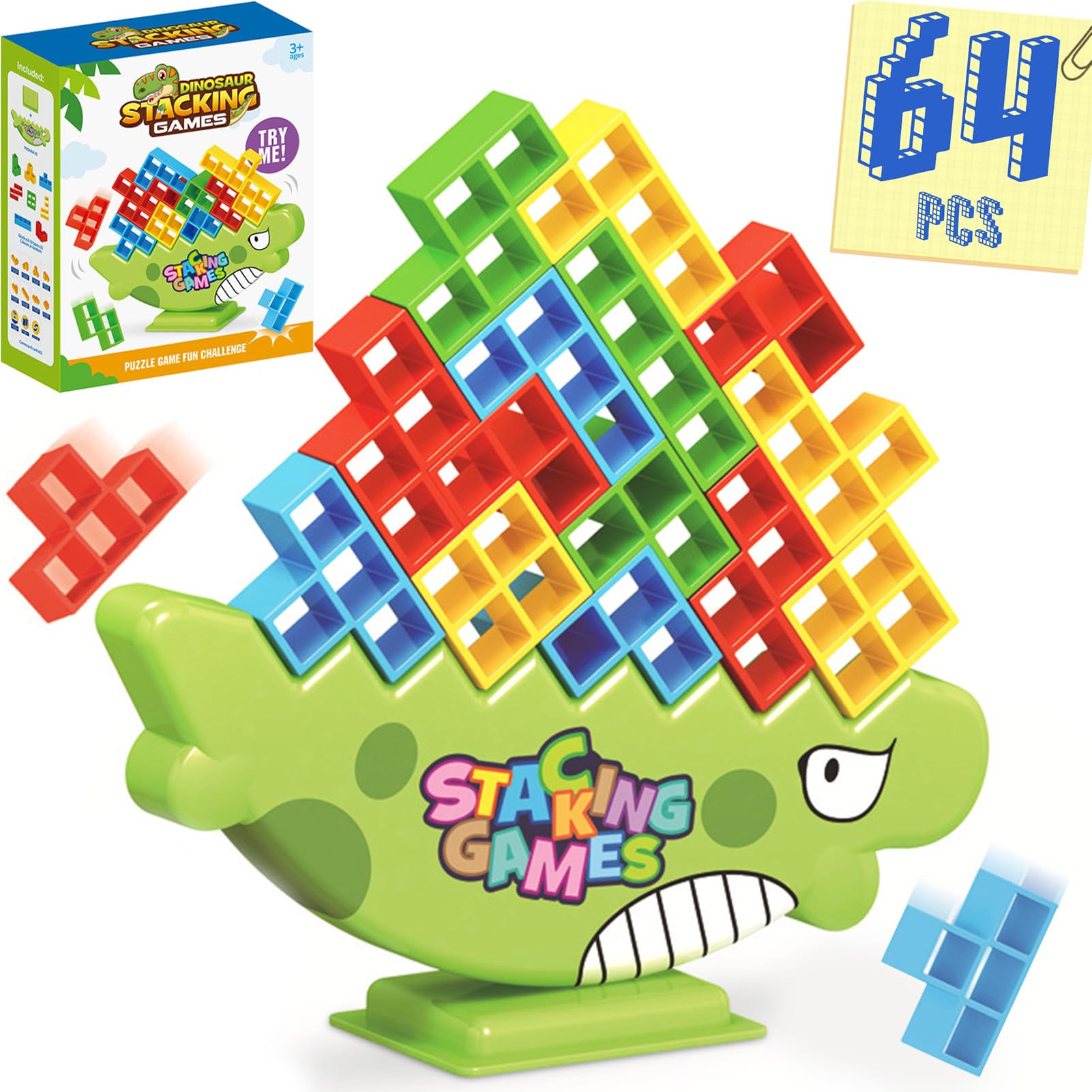 WOWNOVA Juego de torre Tetra apilable de dinosaurio de 64 piezas