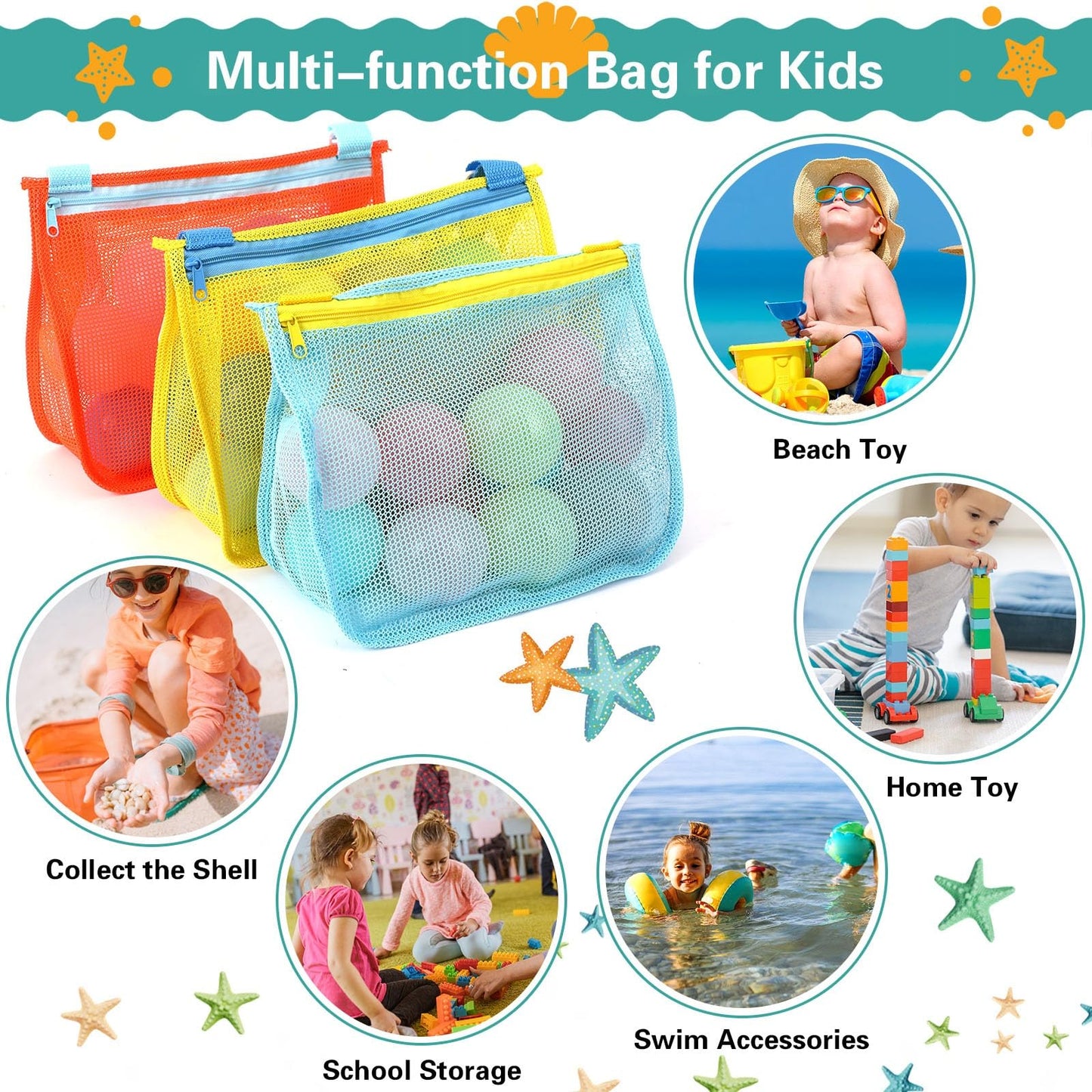 MARFOREVER Paquete de 3 juguetes de playa de malla, bolsa de playa