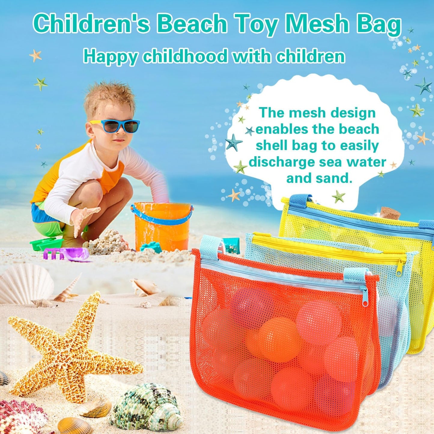 MARFOREVER Paquete de 3 juguetes de playa de malla, bolsa de playa