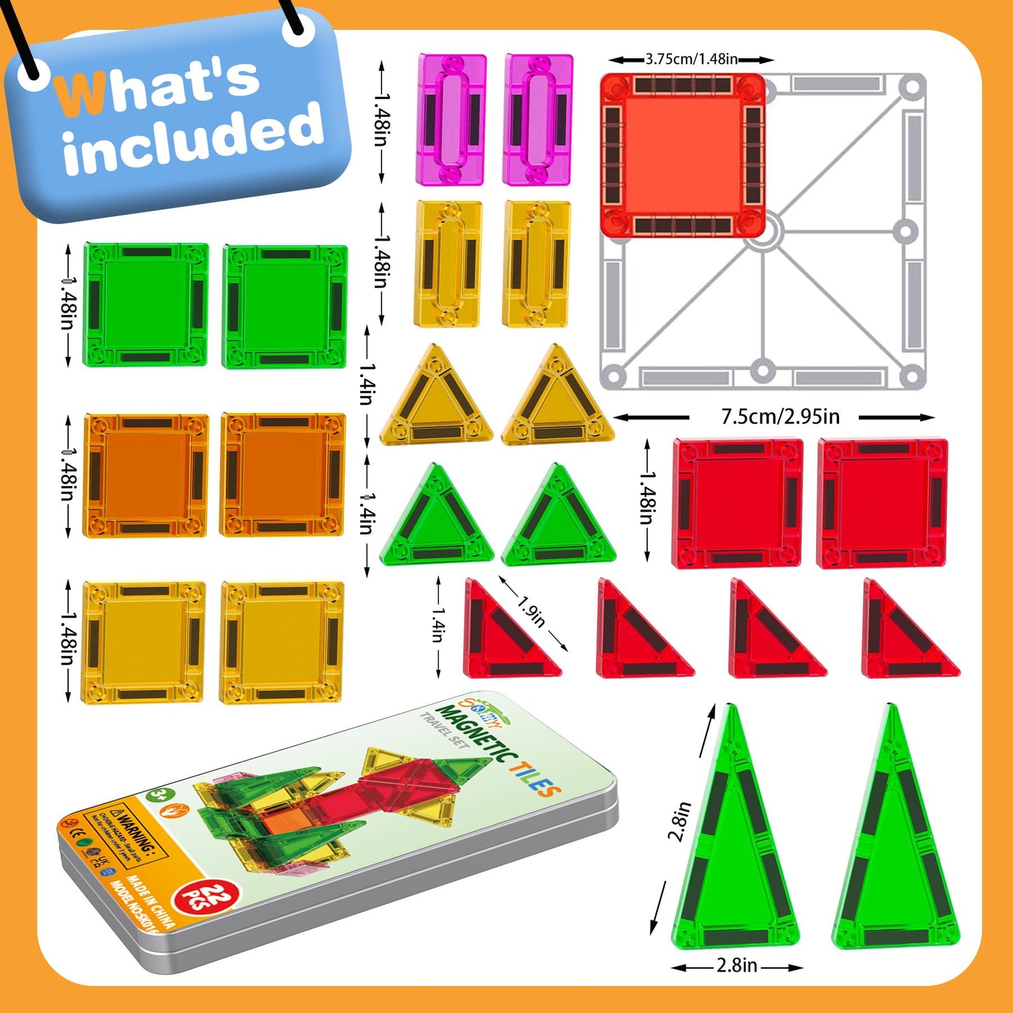 Mini azulejos magnéticos, 22 piezas de azulejos magnéticos de viaje de tamaño bolsillo con caja de metal