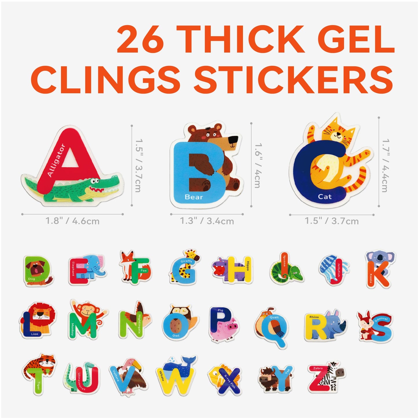 26 calcomanías de gel de animales del alfabeto, coloridas calcomanías de animales en mayúsculas y calcomanías de ventana