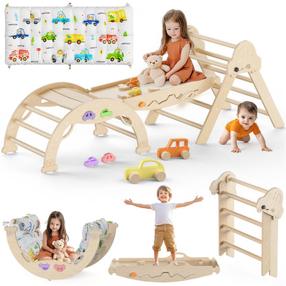 Conjunto de Triángulo Pikler con Cojín 9 en 1 Plegable Juguetes de Escalada Montessori