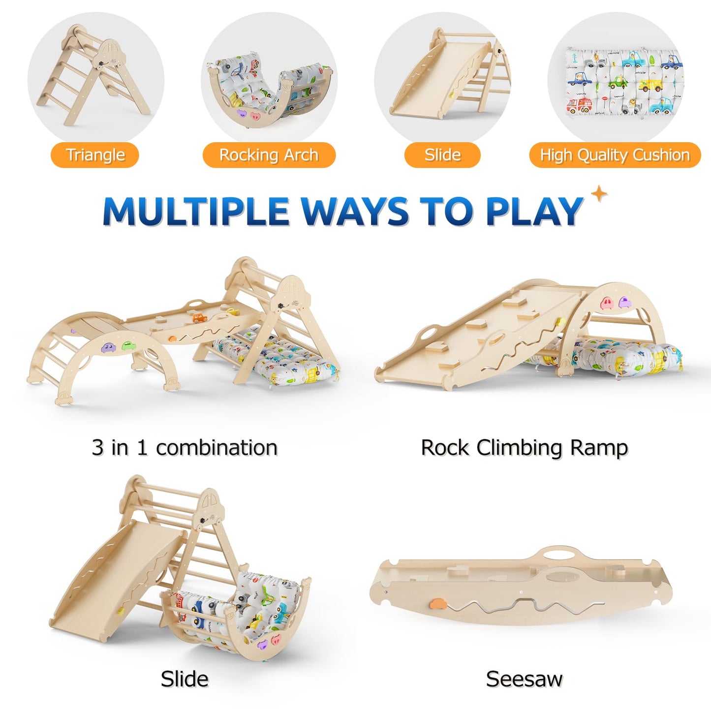 Conjunto de Triángulo Pikler con Cojín 9 en 1 Plegable Juguetes de Escalada Montessori