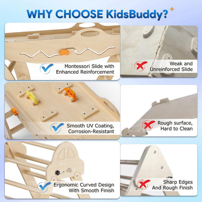 Conjunto de Triángulo Pikler con Cojín 9 en 1 Plegable Juguetes de Escalada Montessori