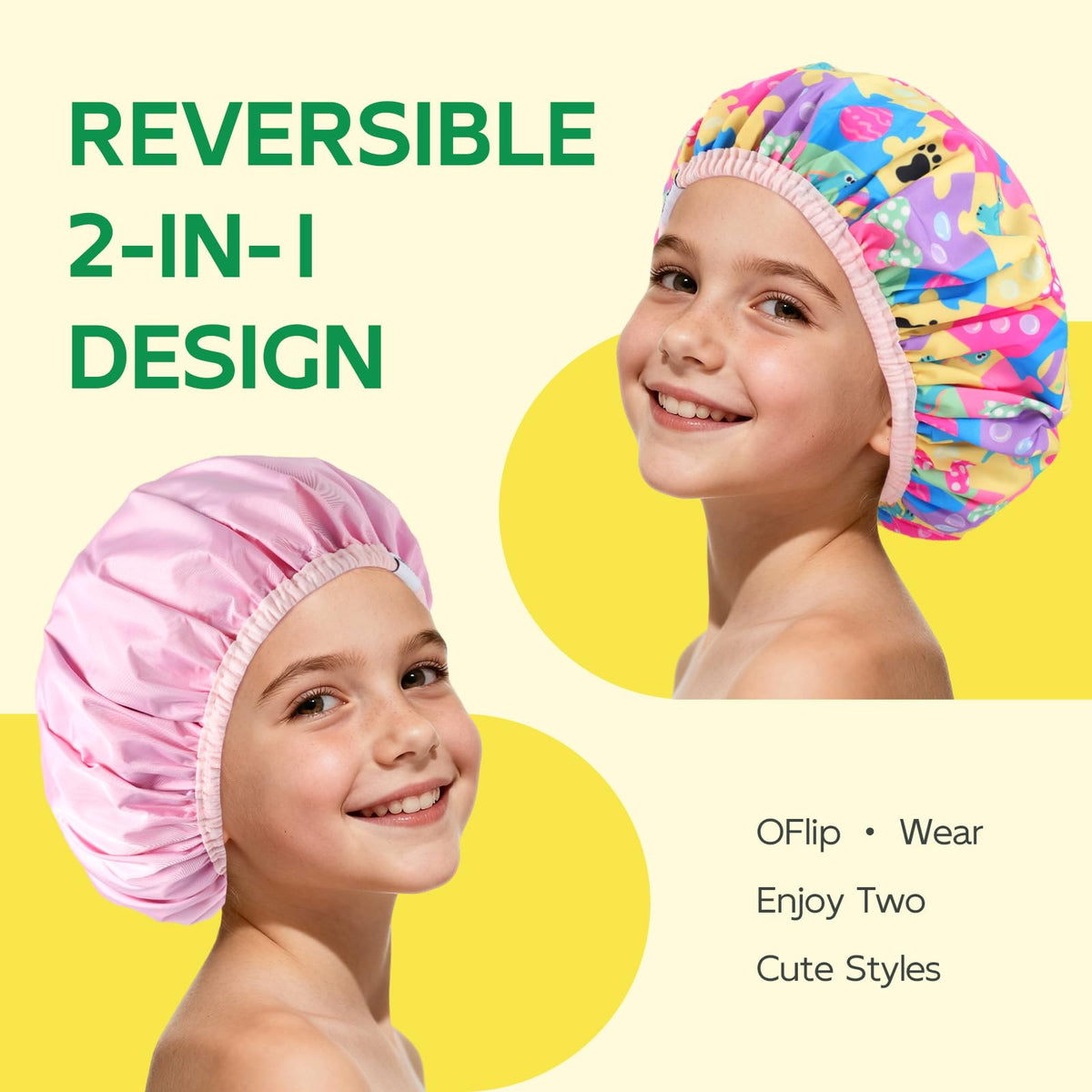 Years Calm - Gorro de ducha para niños, impermeable, reversible, doble capa