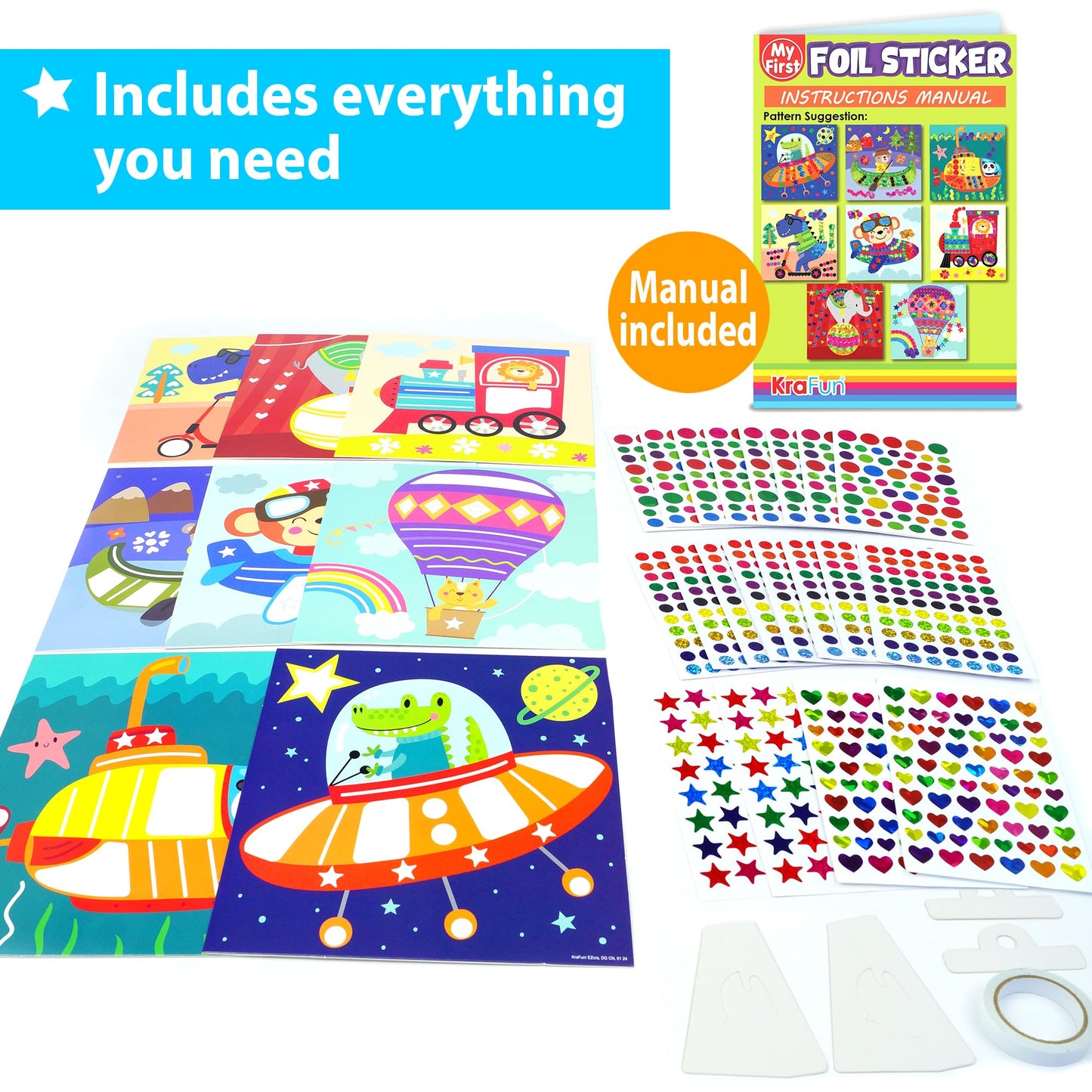 KRAFUN My First Foil Sticker Kit, 8 Arte sin ensuciar para niños