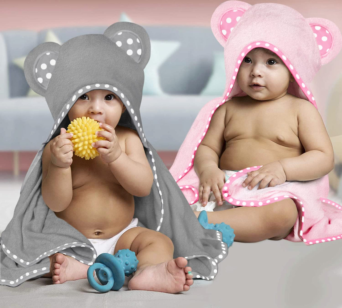 Juego de 2 toallas de bebé con capucha, color rosa y gris
