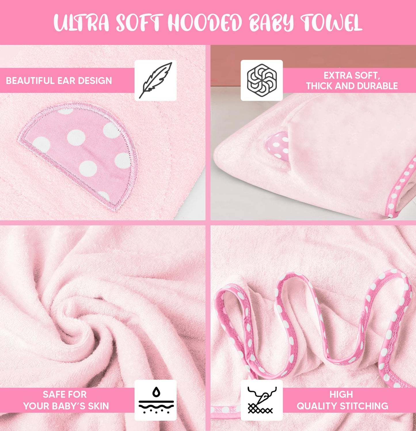 Juego de 2 toallas de bebé con capucha, color rosa y gris