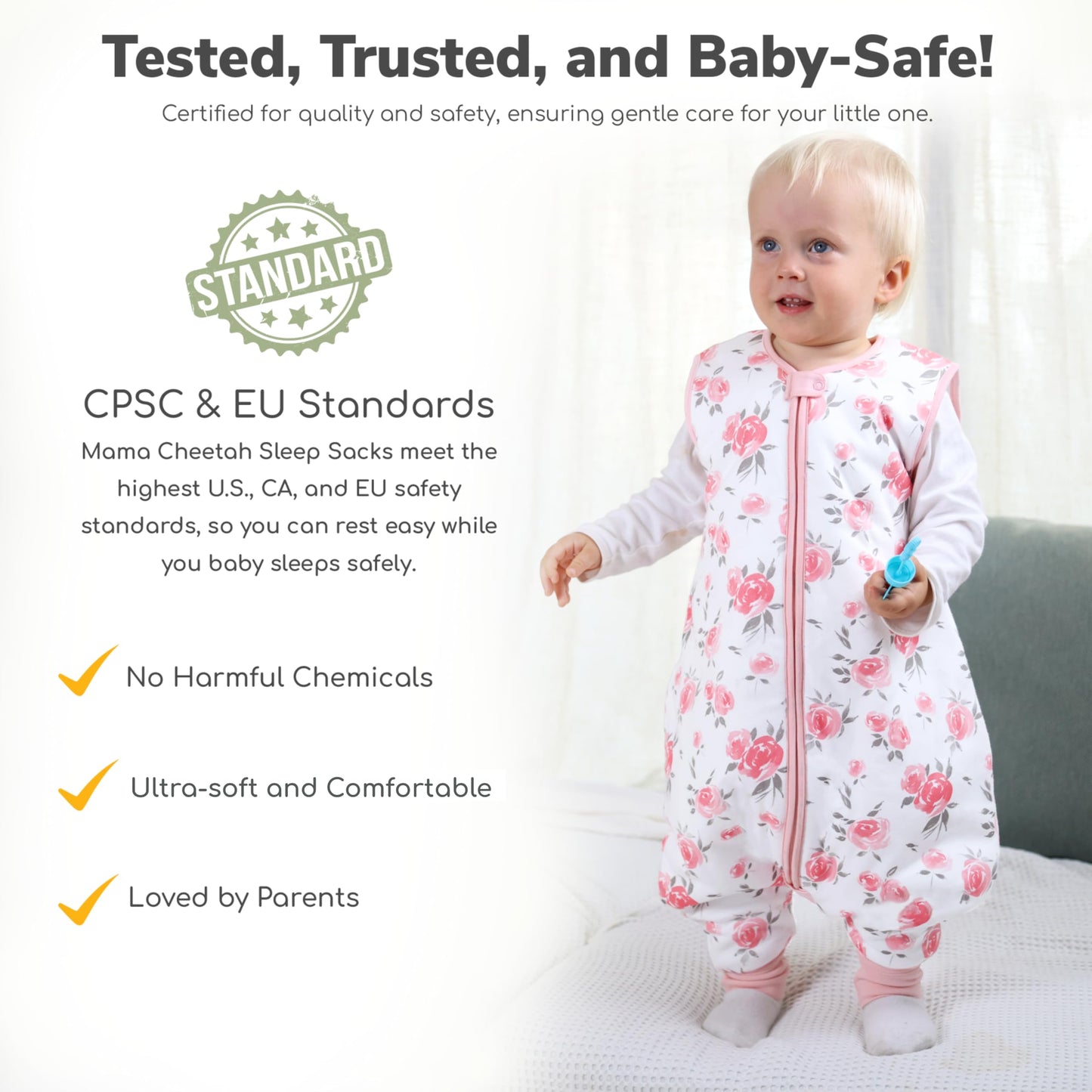 Mama Cheetah Saco de dormir para niños pequeños con pies en algodón orgánico de 1.0 tog, 18-36 meses