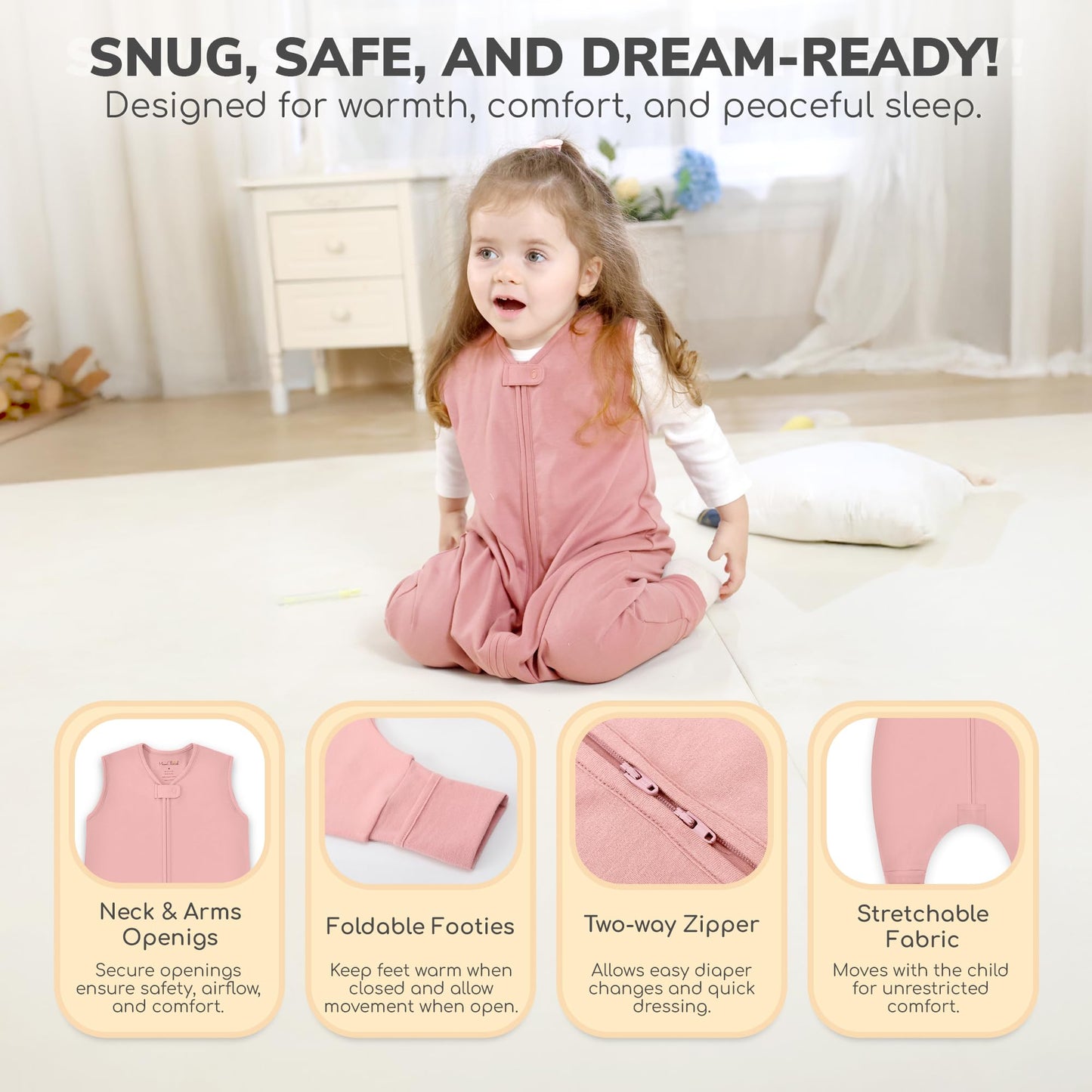 Mama Cheetah Saco de dormir para niños pequeños con pies en algodón orgánico de 1.0 tog, 18-36 meses