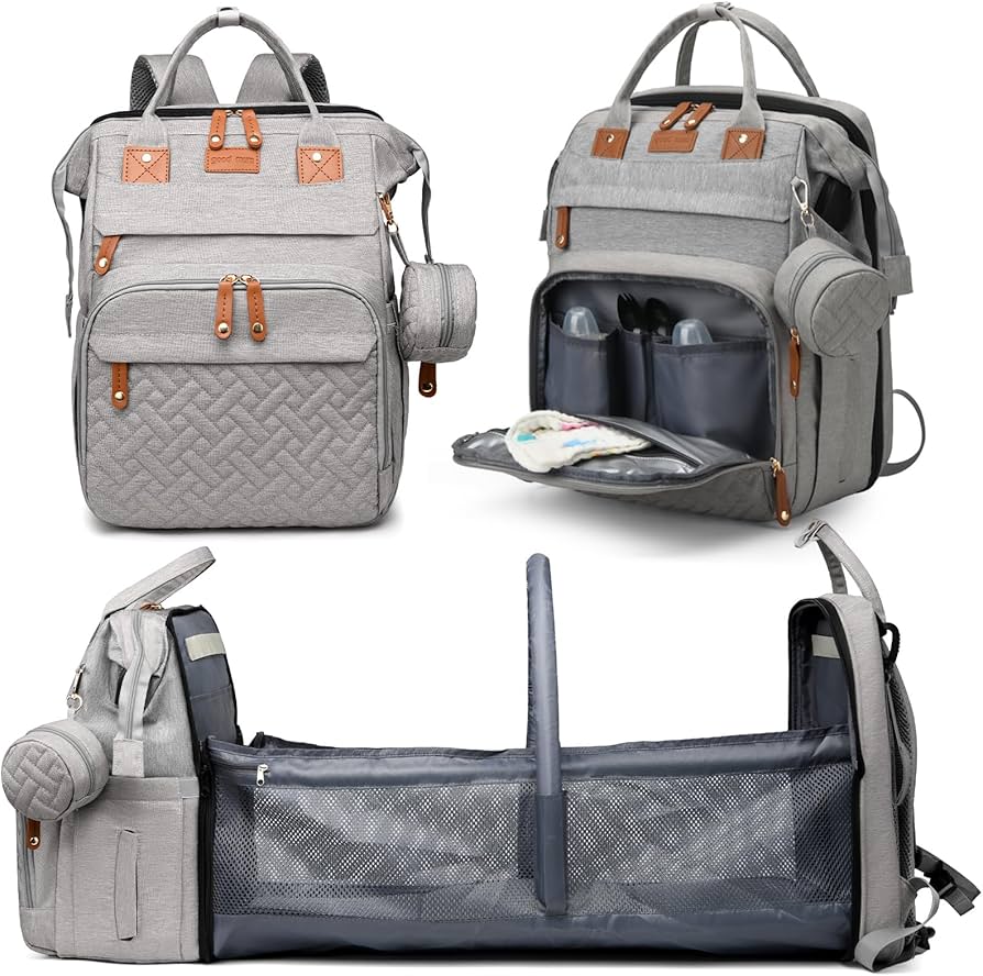 Mochila multifuncional para pañales de viaje, bolsa de bebé con puerto de carga USB para mamás papás, gris