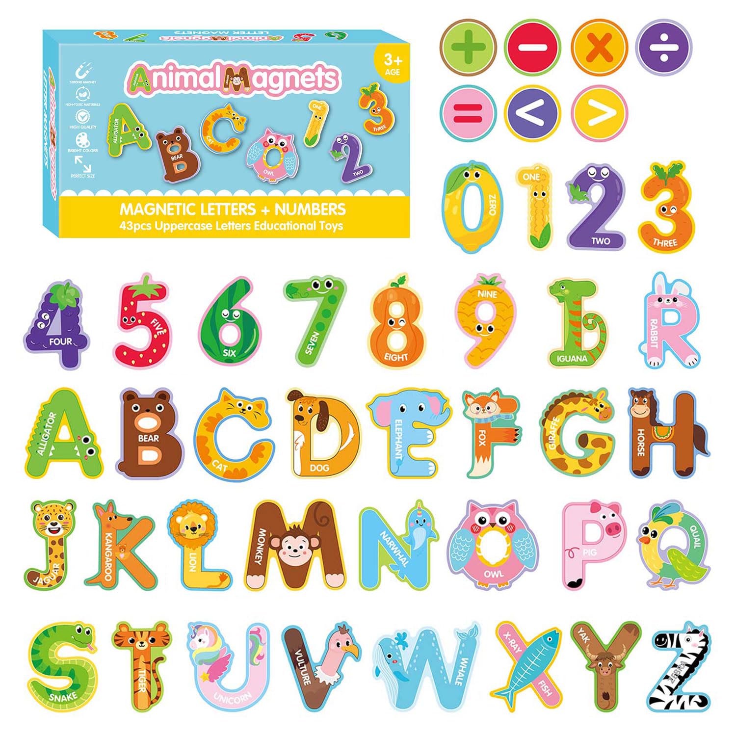 43 letras y números magnéticos grandes para niños pequeños