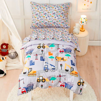 Juego de ropa de cama de construcción para niños, juego de edredón de 4 piezas