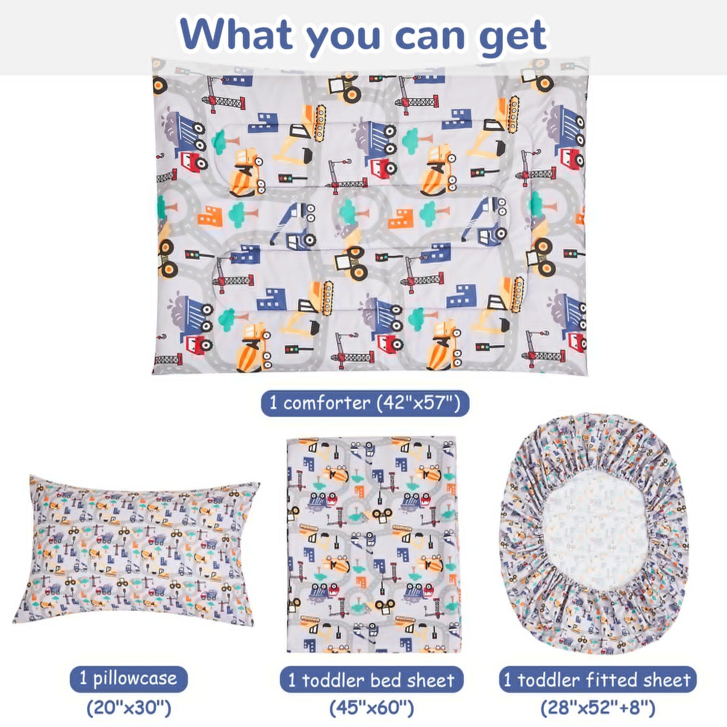 Juego de ropa de cama de construcción para niños, juego de edredón de 4 piezas