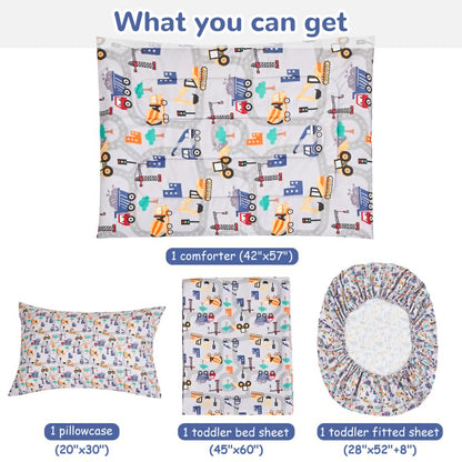 Juego de ropa de cama de construcción para niños, juego de edredón de 4 piezas