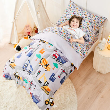 Juego de ropa de cama de construcción para niños, juego de edredón de 4 piezas