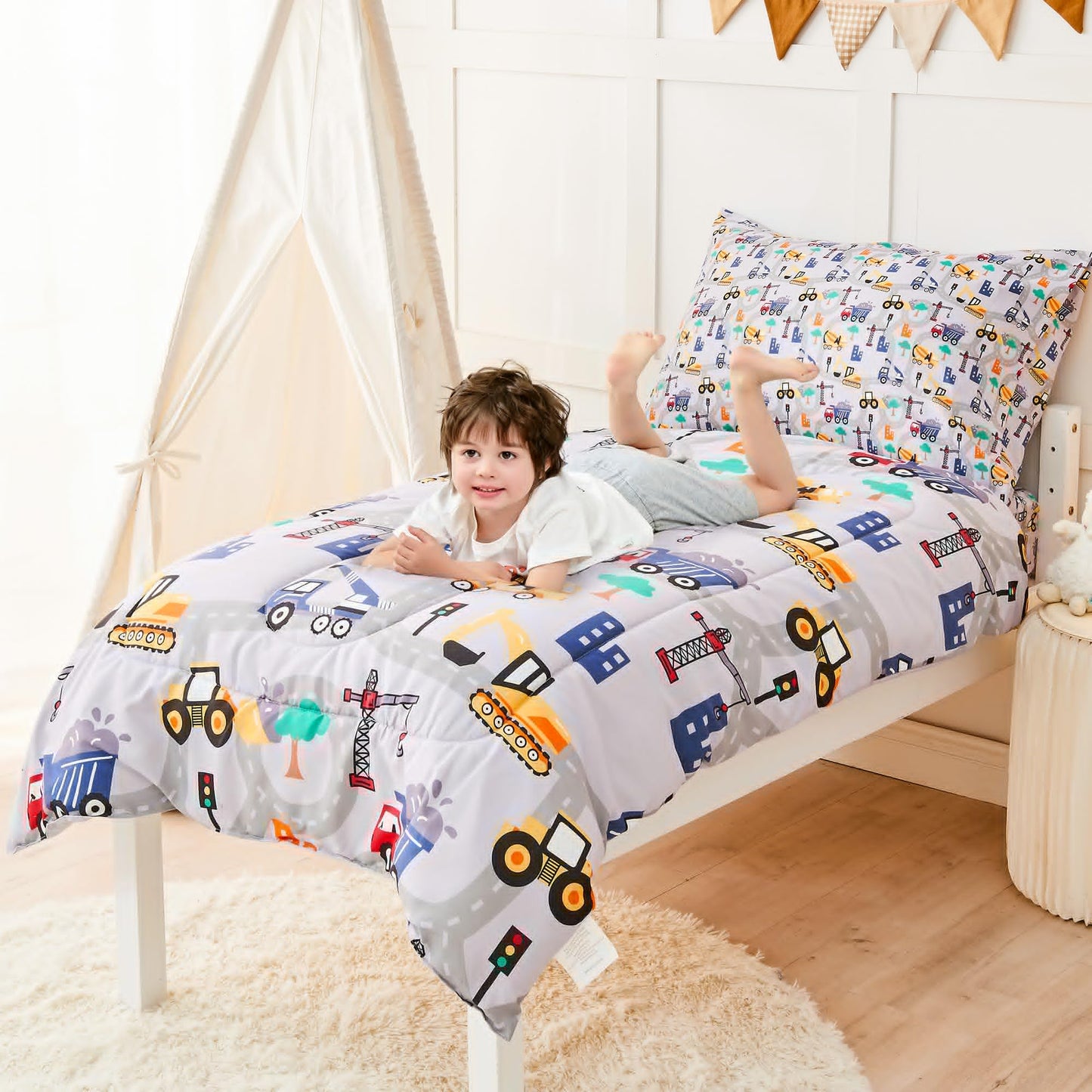 Juego de ropa de cama de construcción para niños, juego de edredón de 4 piezas