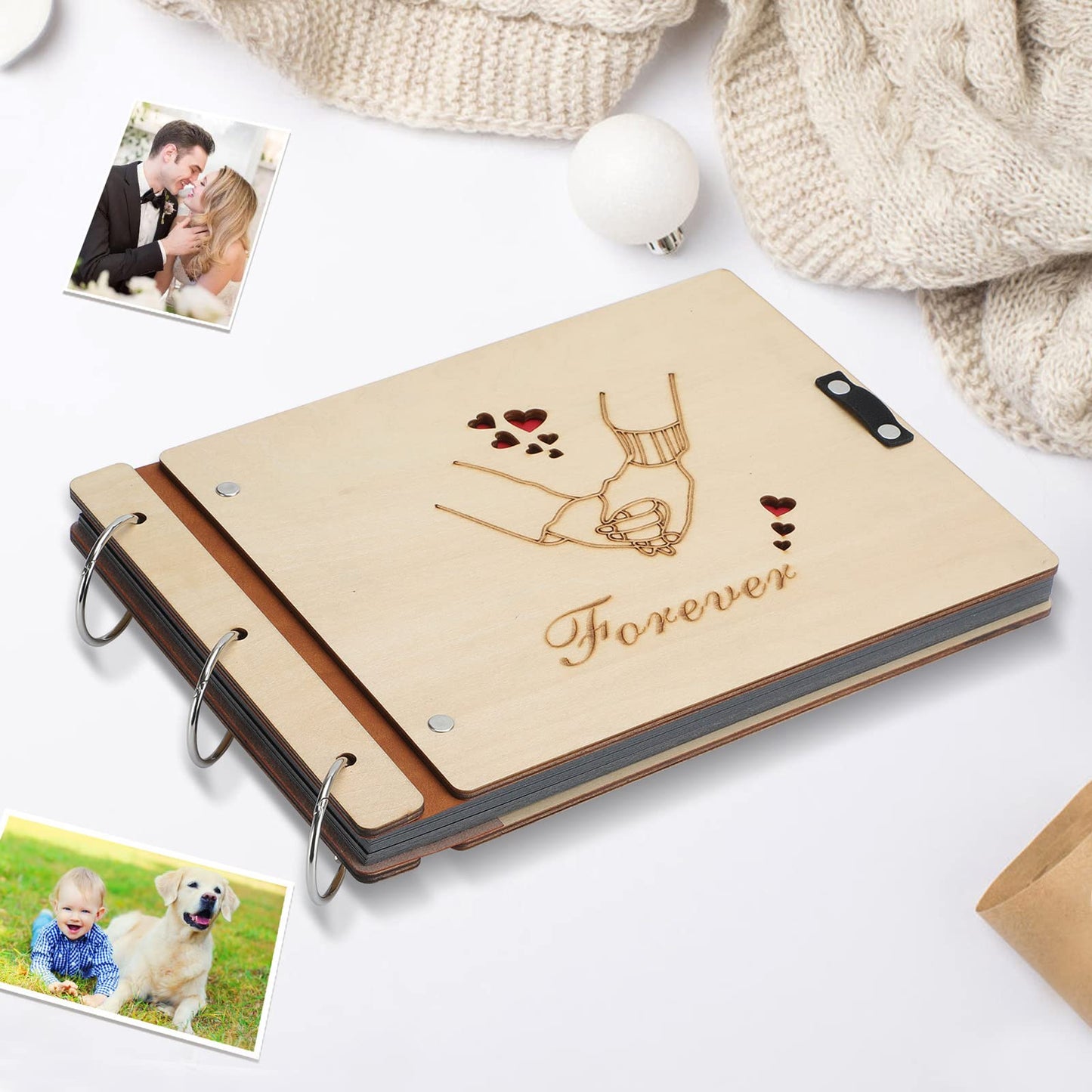 Álbum de fotos de madera con texto