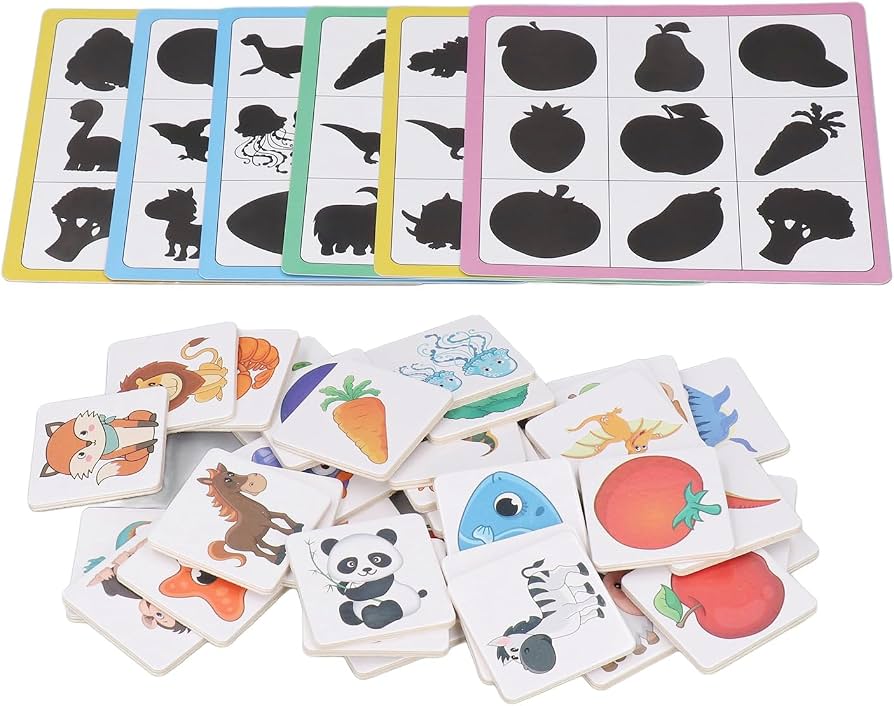 Tarjetas de sombra a juego con bloques de madera con forma de fruta y animal