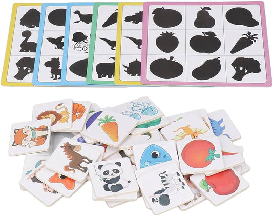 Tarjetas de sombra a juego con bloques de madera con forma de fruta y animal