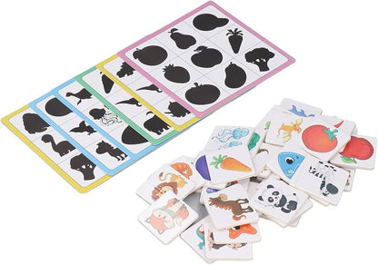 Tarjetas de sombra a juego con bloques de madera con forma de fruta y animal