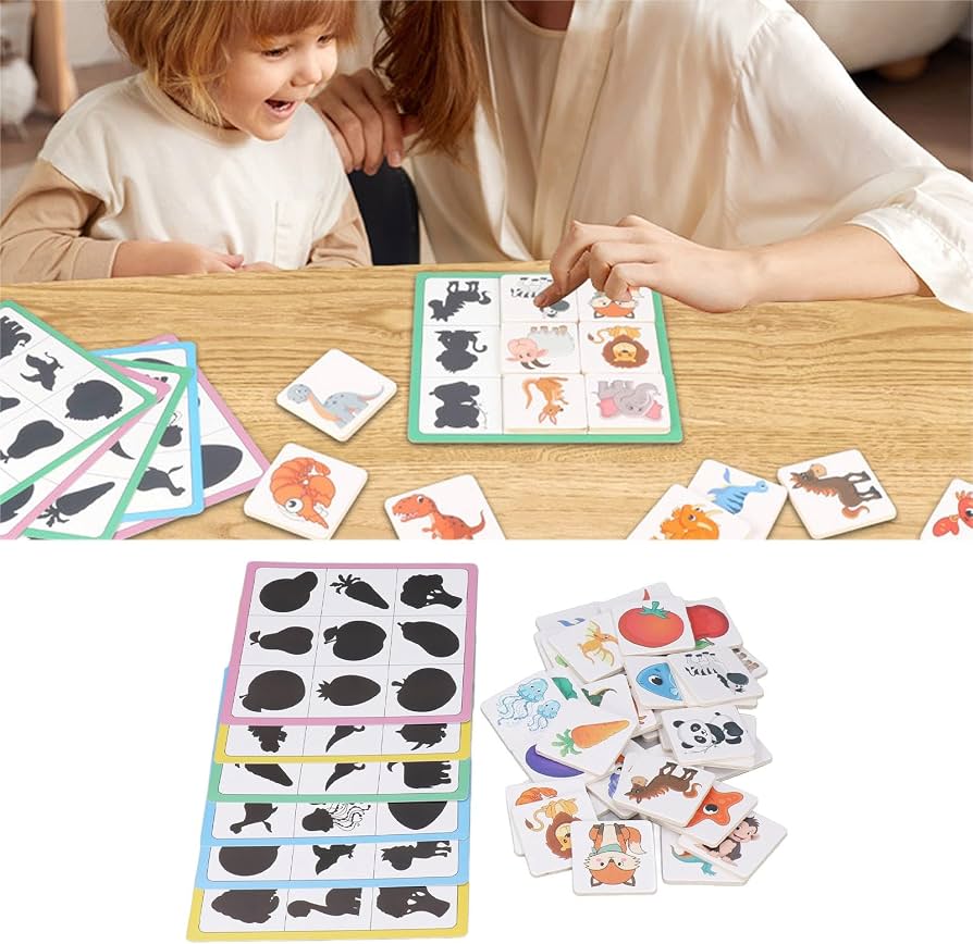 Tarjetas de sombra a juego con bloques de madera con forma de fruta y animal