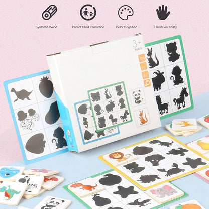 Tarjetas de sombra a juego con bloques de madera con forma de fruta y animal