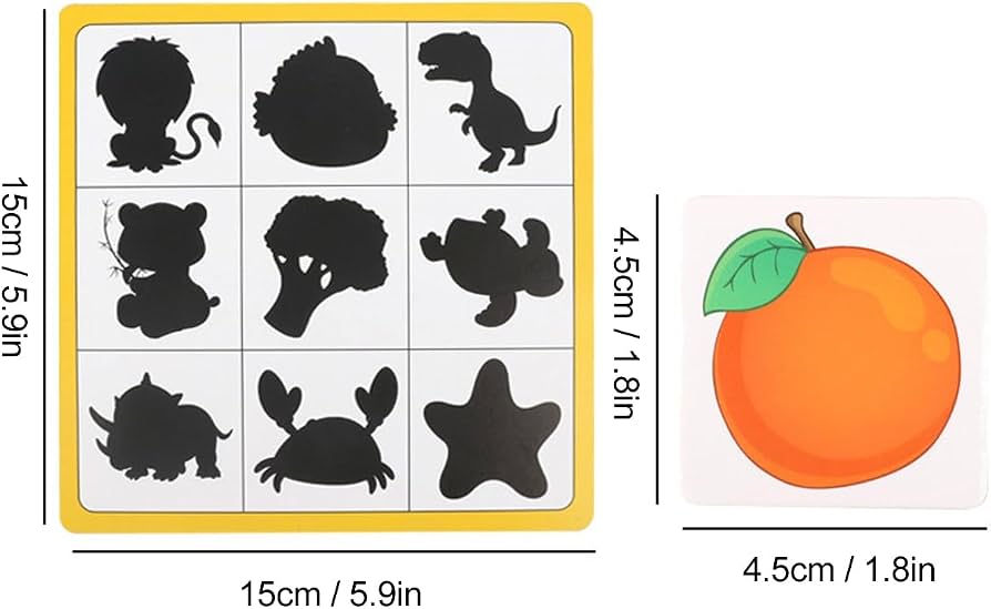 Tarjetas de sombra a juego con bloques de madera con forma de fruta y animal