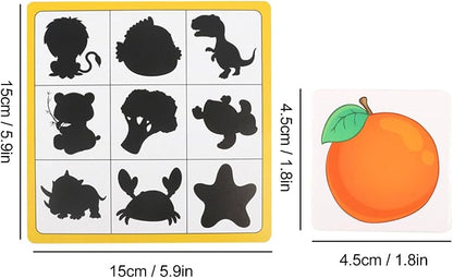 Tarjetas de sombra a juego con bloques de madera con forma de fruta y animal
