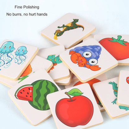 Tarjetas de sombra a juego con bloques de madera con forma de fruta y animal