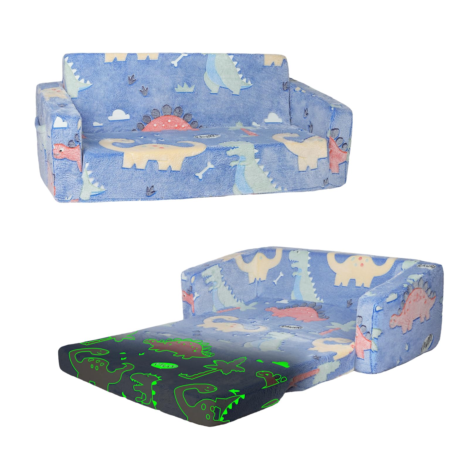 Sofá plegable para niños con diseño de dinosaurio, asiento doble 2 en 1