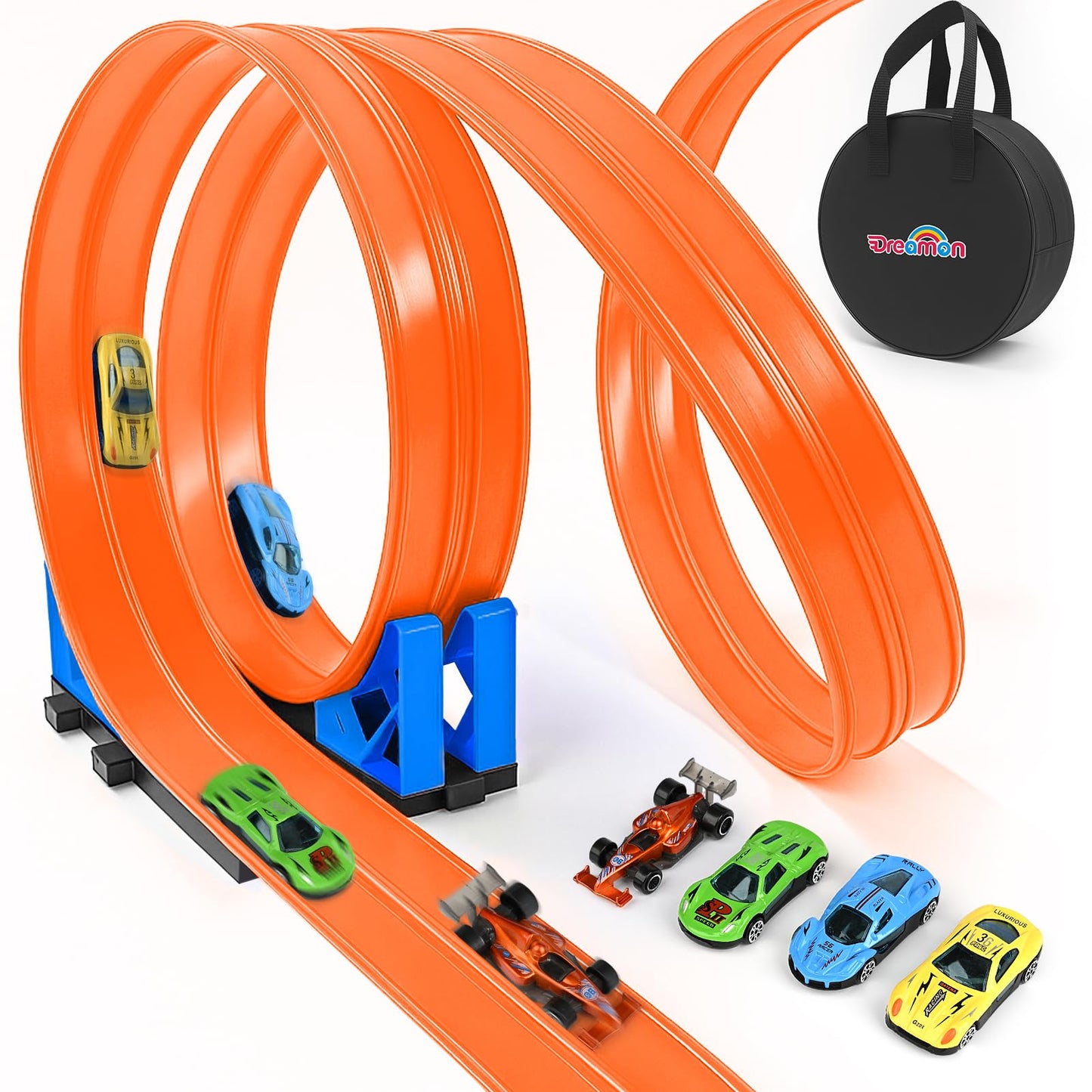 Pista de carreras flexible Dreamon de 5 m para coches de juguete, incluye 1 bolsa de almacenamiento