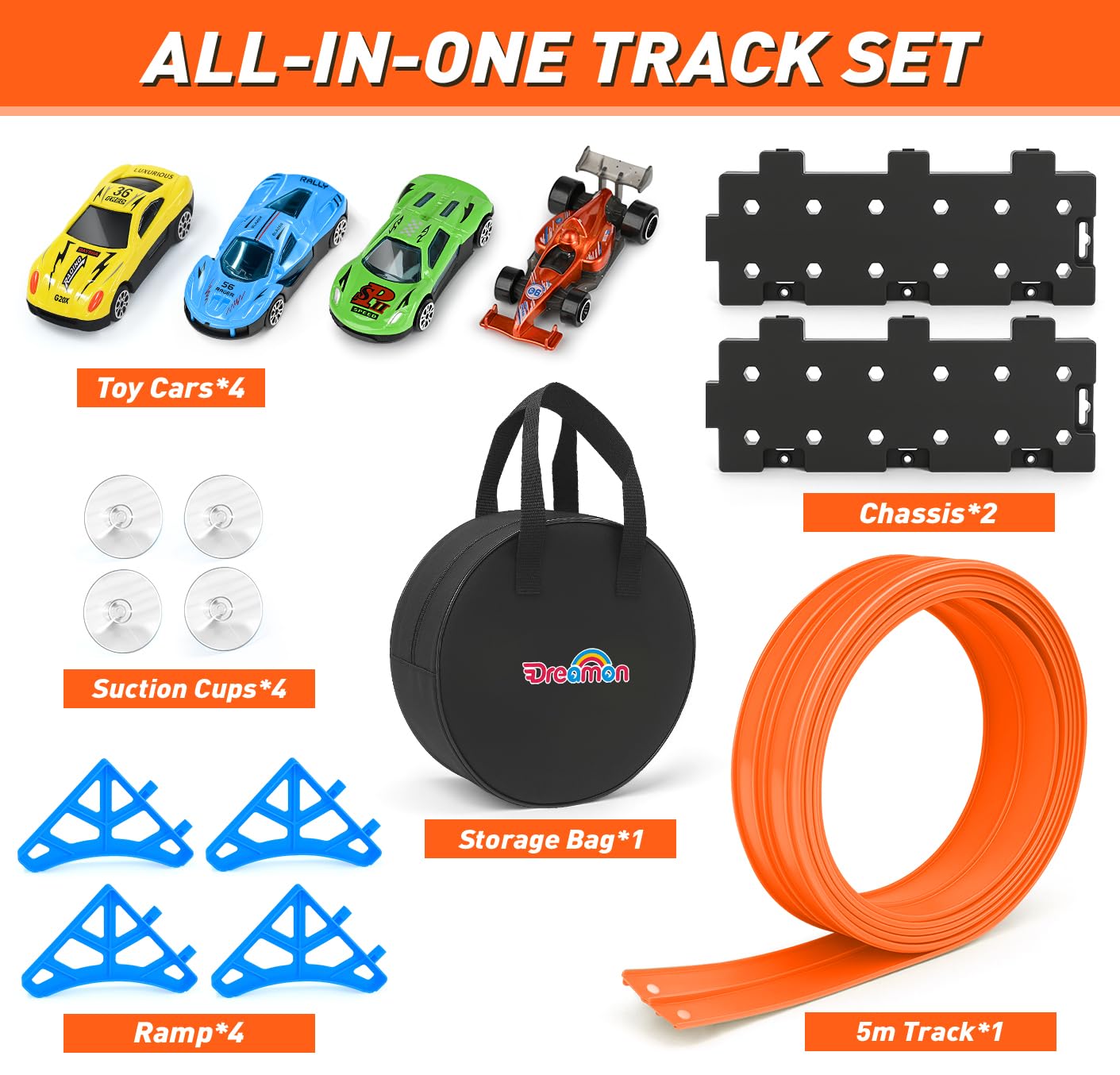Pista de carreras flexible Dreamon de 5 m para coches de juguete, incluye 1 bolsa de almacenamiento