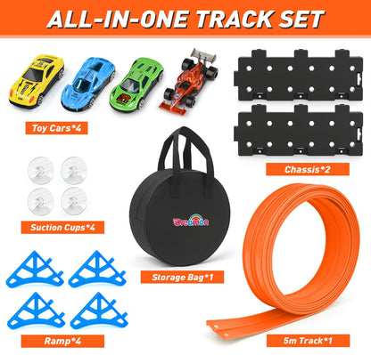 Pista de carreras flexible Dreamon de 5 m para coches de juguete, incluye 1 bolsa de almacenamiento