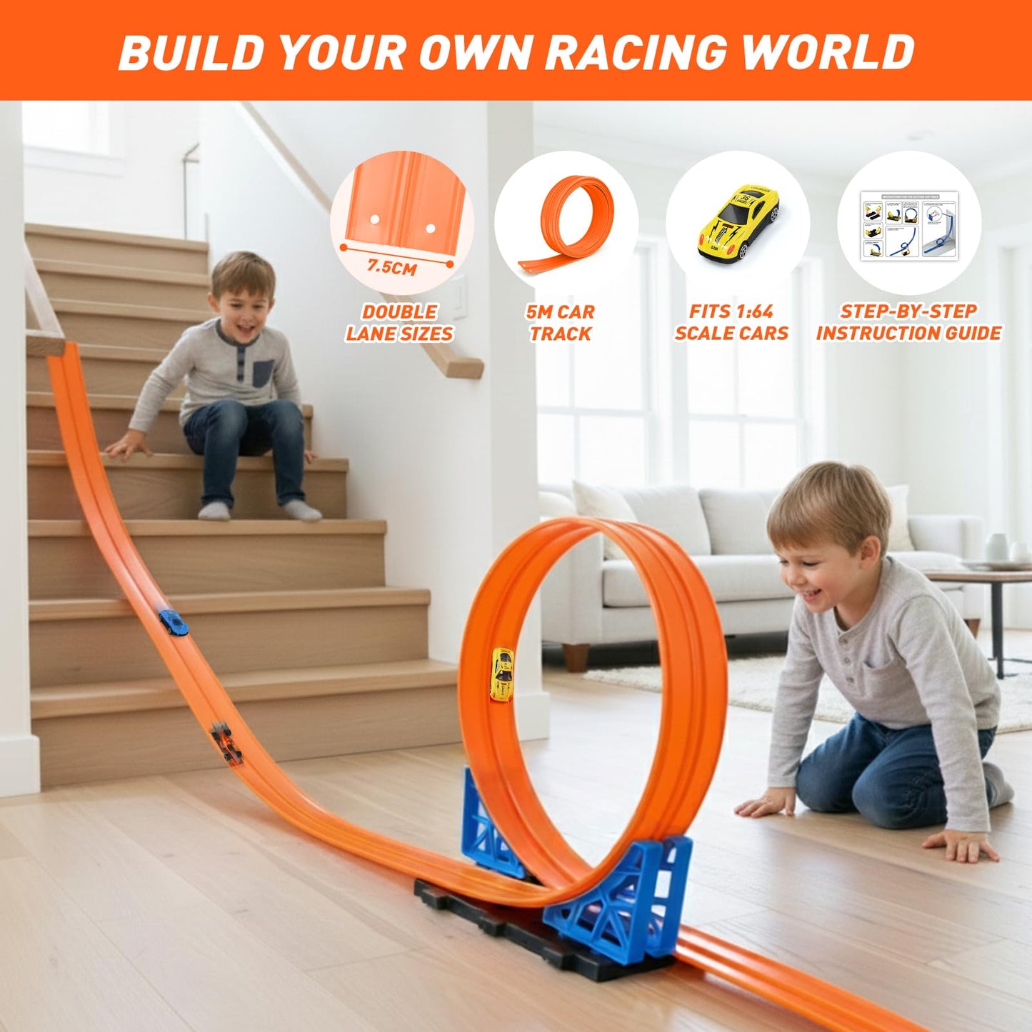 Pista de carreras flexible Dreamon de 5 m para coches de juguete, incluye 1 bolsa de almacenamiento