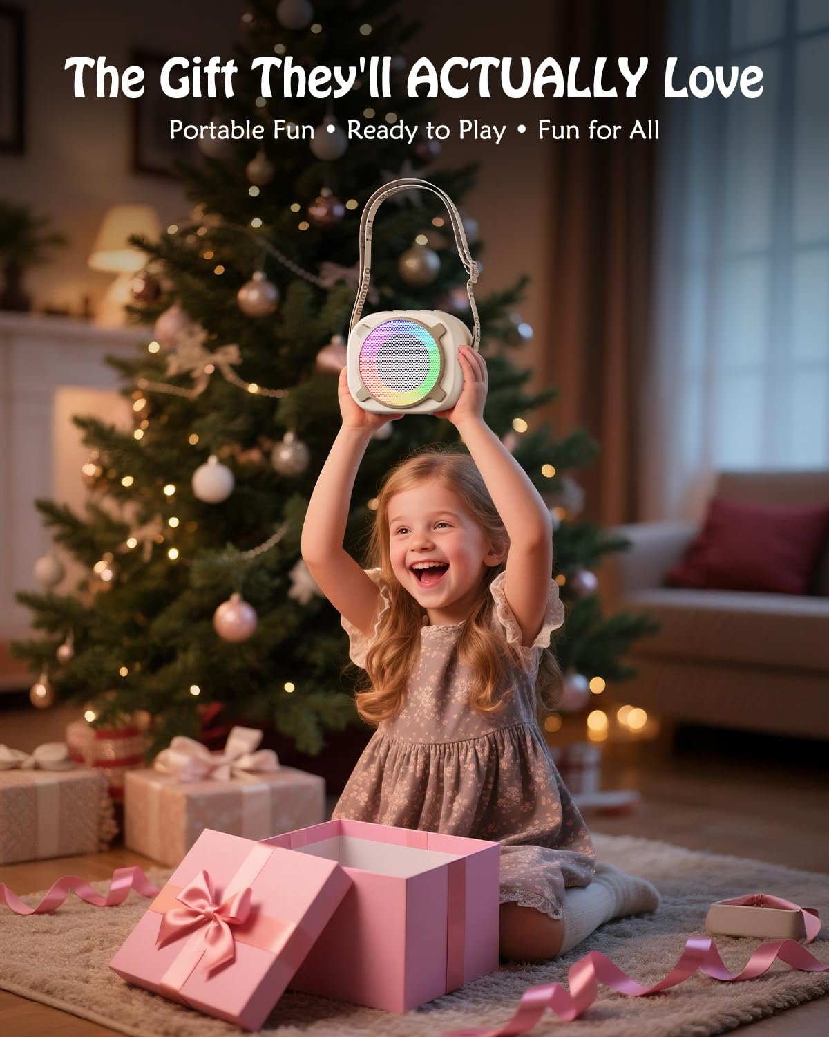 Máquina de karaoke para niños, mini altavoz Bluetooth portátil con 2 micrófonos inalámbricos y luces LED