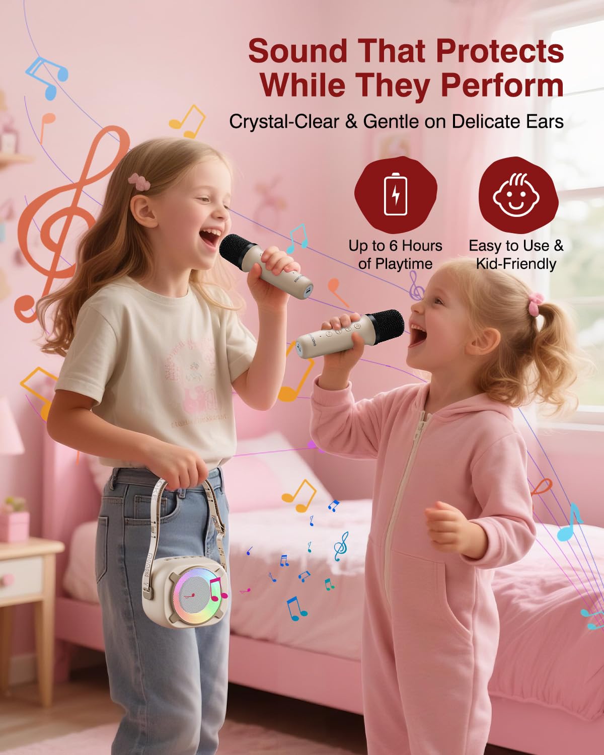 Máquina de karaoke para niños, mini altavoz Bluetooth portátil con 2 micrófonos inalámbricos y luces LED