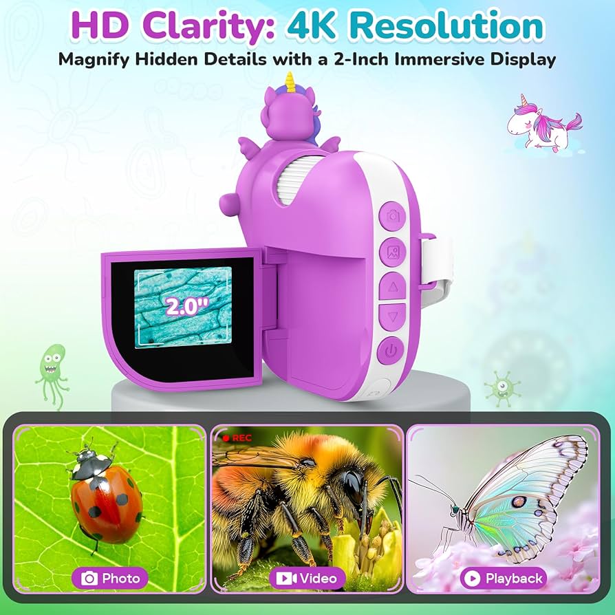 Microscopio digital para niños, miniscopio de mano, pantalla 4K de 2.0" pulgadas, recargable, 1000X