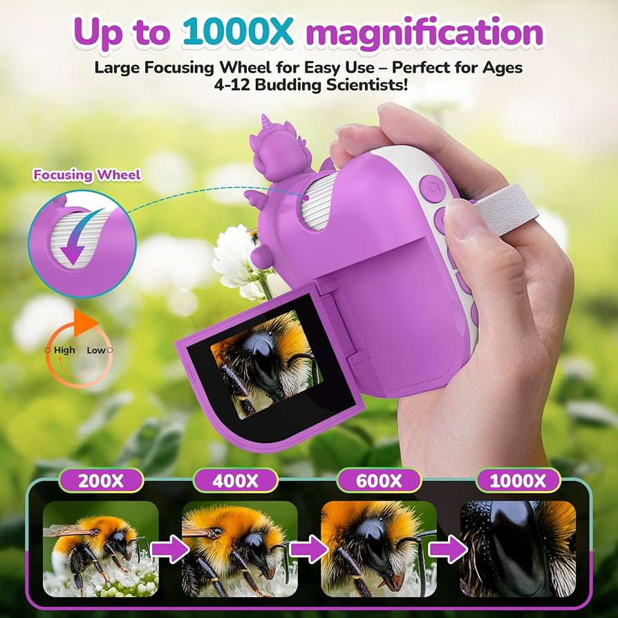 Microscopio digital para niños, miniscopio de mano, pantalla 4K de 2.0" pulgadas, recargable, 1000X