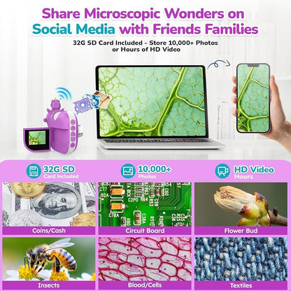 Microscopio digital para niños, miniscopio de mano, pantalla 4K de 2.0" pulgadas, recargable, 1000X