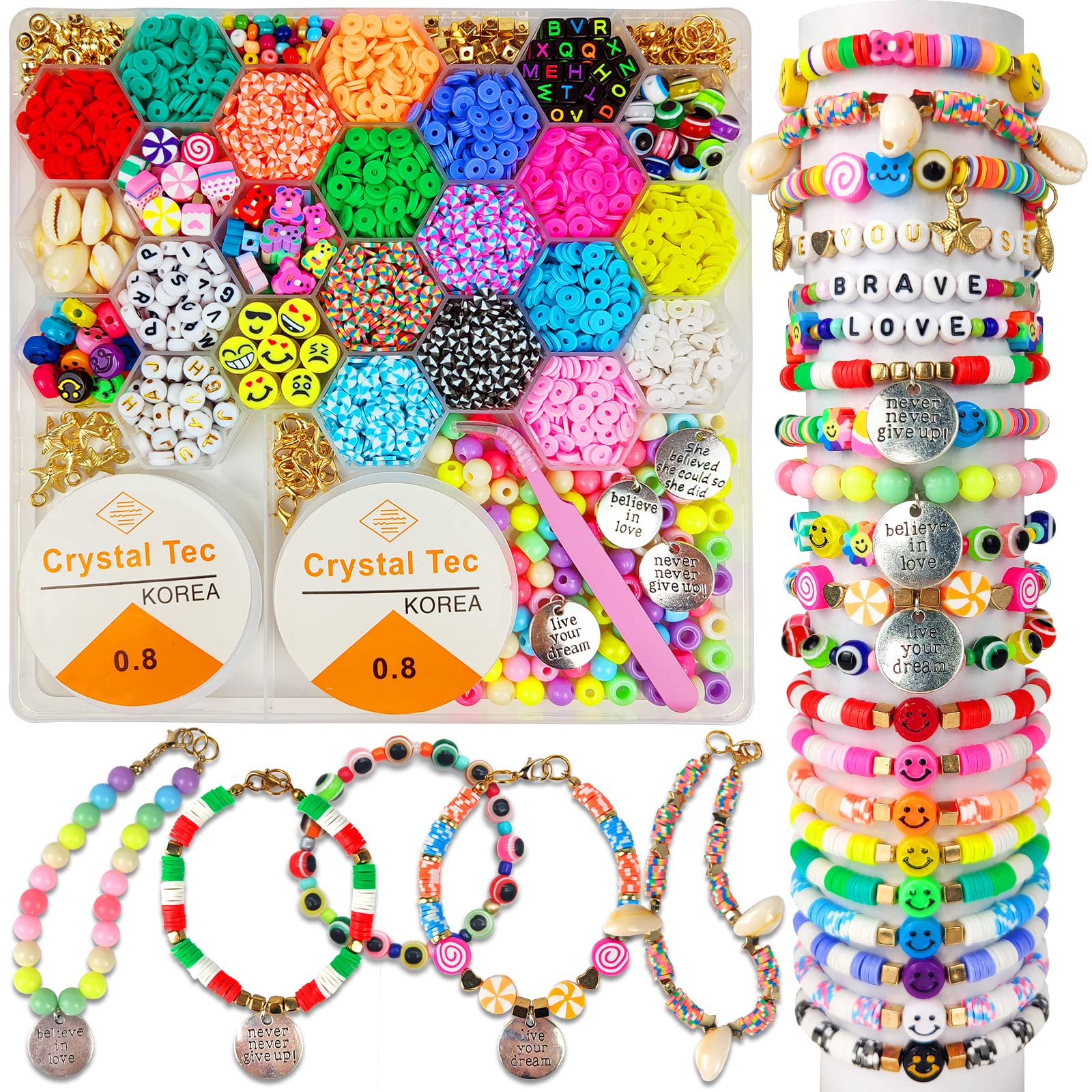 Kit de manualidades con cuentas de arcilla para hacer joyas, con cuentas de letras sonrientes