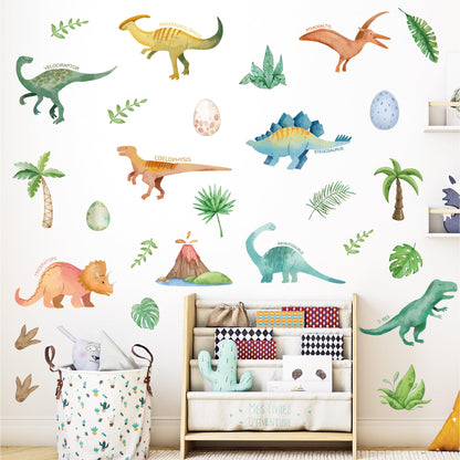 Adhesivos de pared de dinosaurios en acuarela - 28 piezas de decoración de dino para pelar y pegar