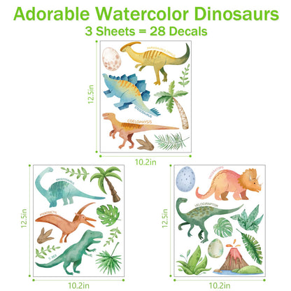 Adhesivos de pared de dinosaurios en acuarela - 28 piezas de decoración de dino para pelar y pegar