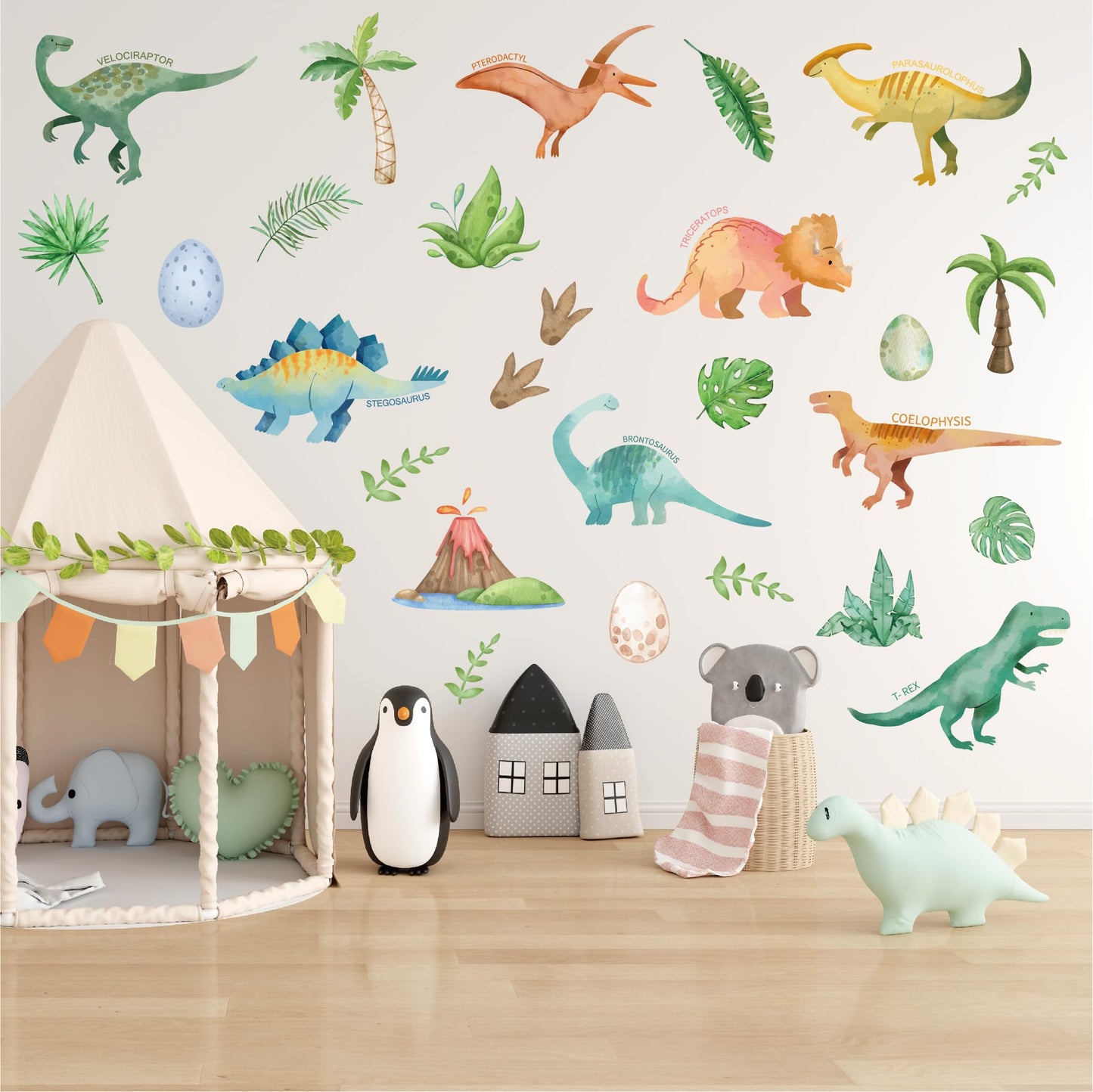Adhesivos de pared de dinosaurios en acuarela - 28 piezas de decoración de dino para pelar y pegar