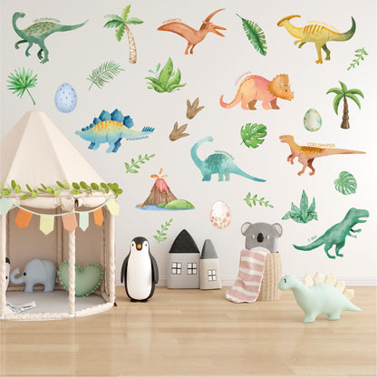 Adhesivos de pared de dinosaurios en acuarela - 28 piezas de decoración de dino para pelar y pegar
